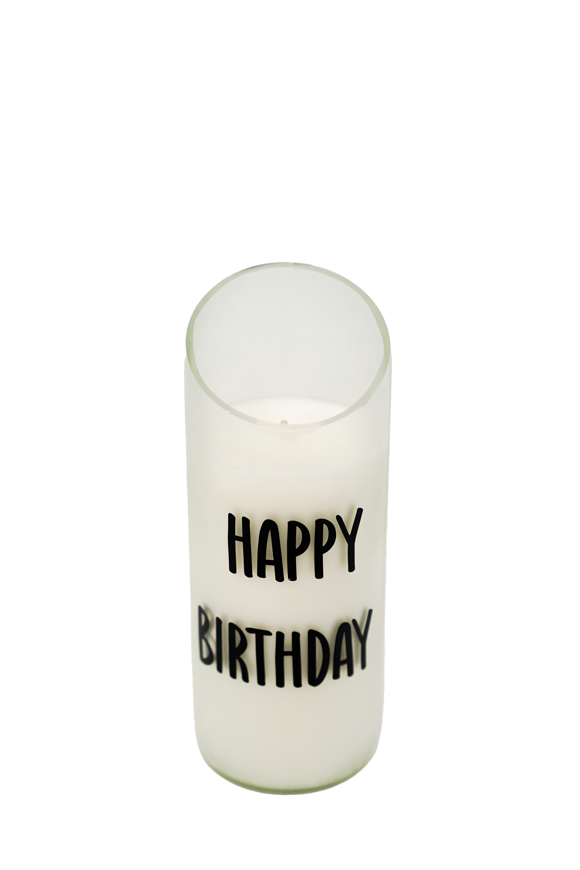 A Quoted - Recycled Cut Wine Bottle candle with "HAPPY BIRTHDAY" boldly printed in black on the frosted clear glass holder.