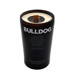 The Recycled Bulldog London Dry Gin Candle features a black glass design with a wooden wick, “London Dry Gin” branding, and is hand poured from all natural soy for an authentic gin-inspired candle experience.