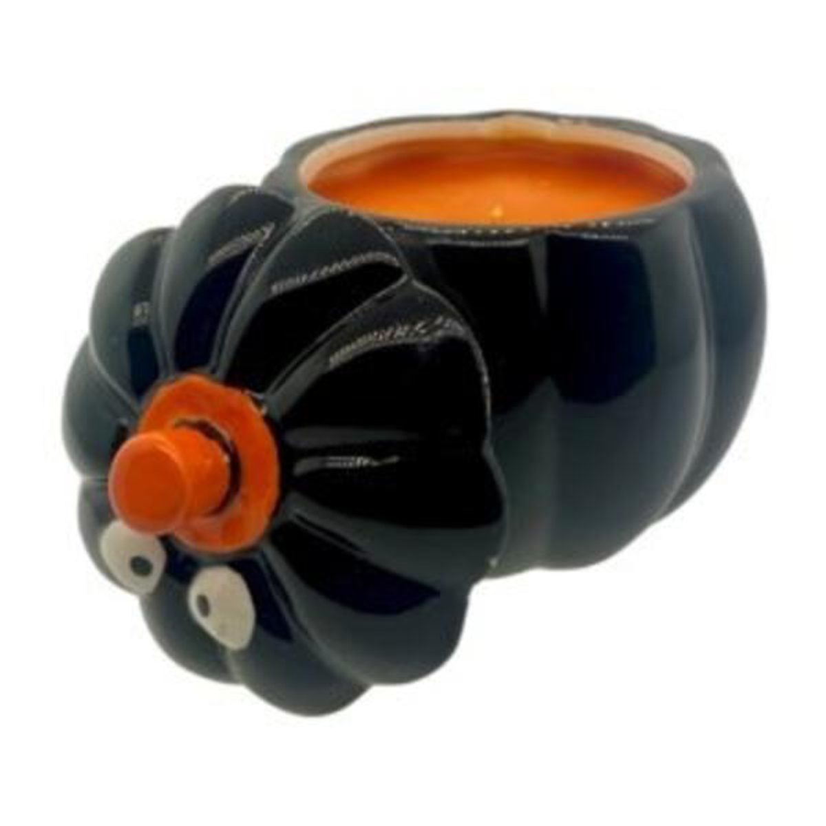 The Ceramic Black Halloween Pumpkin Candle w/ Hat Lid features googly eyes, an orange nose, and holds a bright orange soy wax candle inside.