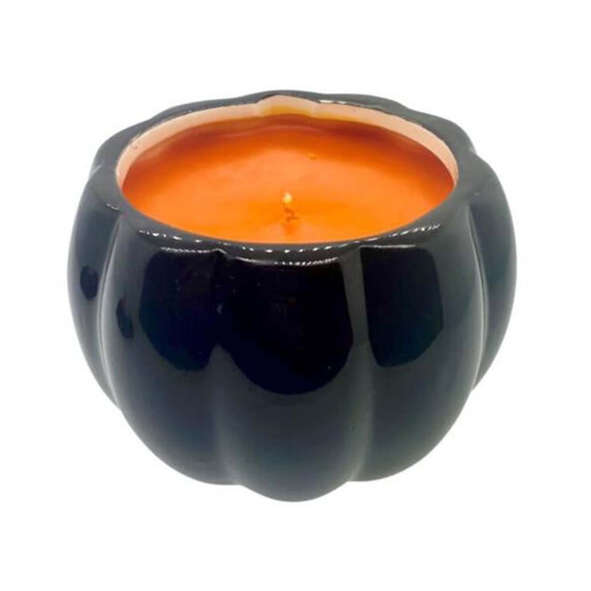 The Ceramic Black Halloween Pumpkin Candle w/ Hat Lid features an orange soy wax candle with a single wick, all displayed against a white background.