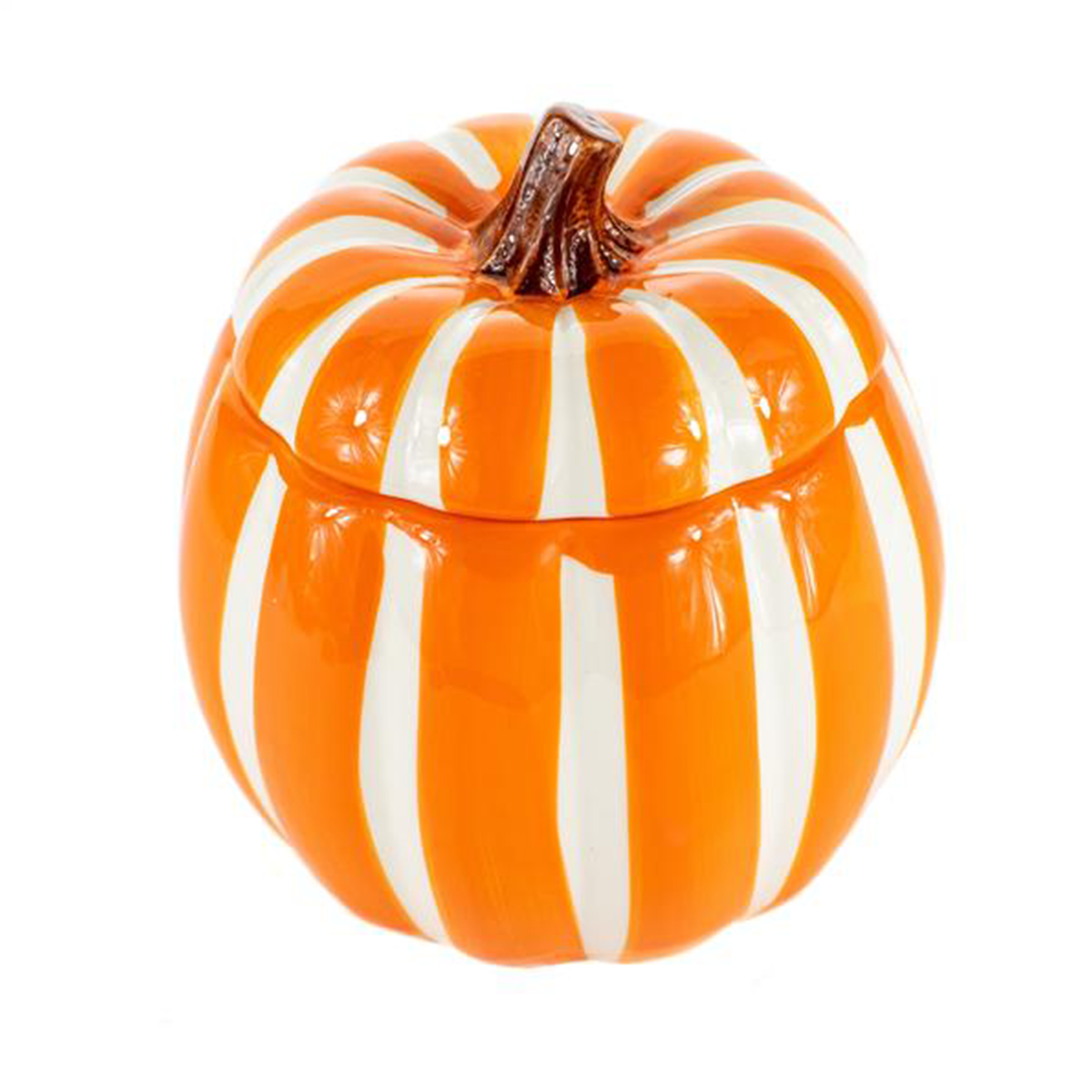 The Ceramic Large Orange/White Line Pumpkin Candle features a pumpkin-shaped ceramic container with orange and white stripes and a brown stem on the lid, perfect for Halloween decor.