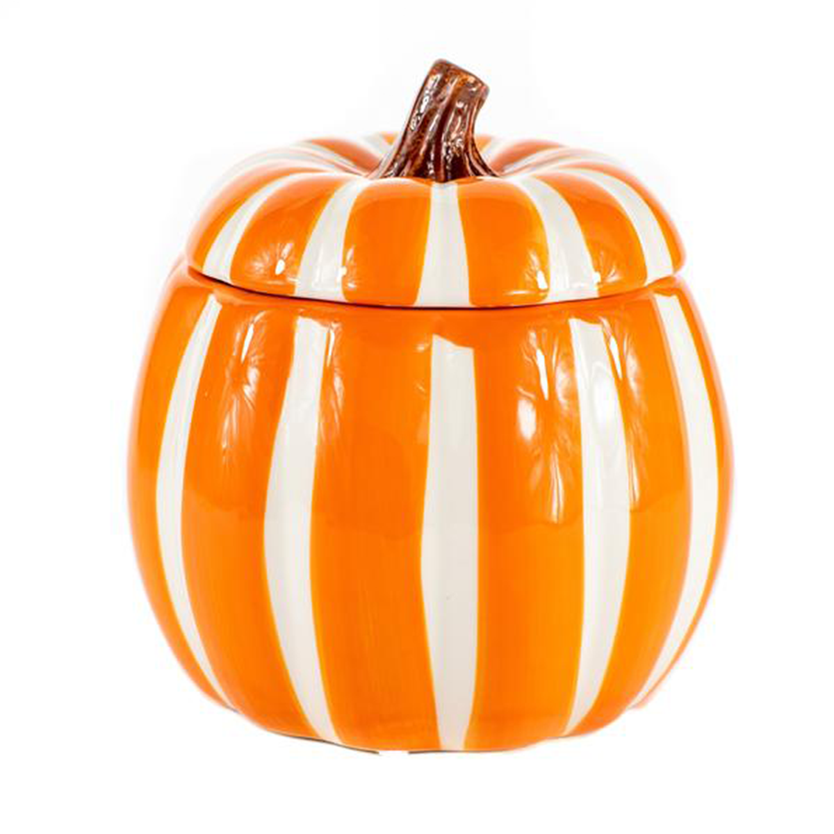 The Ceramic Large Orange/White Line Pumpkin Candle is a Halloween candle container shaped like a pumpkin, decorated with orange and white vertical stripes and topped with a brown stem lid handle.