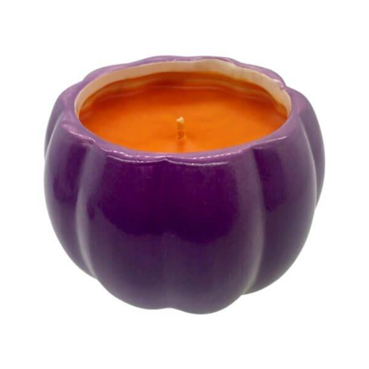 The Ceramic Purple Halloween Pumpkin Candle w/ Hat Lid features a fall scent and comes in a pumpkin-shaped purple ceramic holder, shown from above on a white background.