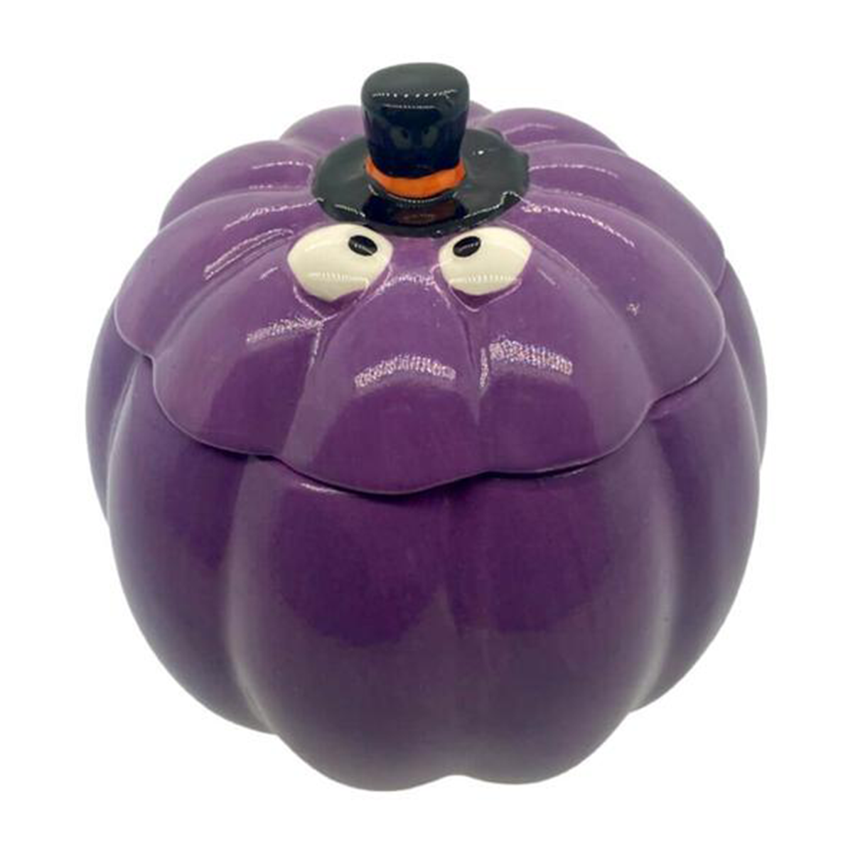 The Ceramic Purple Halloween Pumpkin Candle w/ Hat Lid features a pumpkin shape, cartoon eyes, and a black top hat lid—perfect for adding whimsical charm to your Halloween or fall candle display.