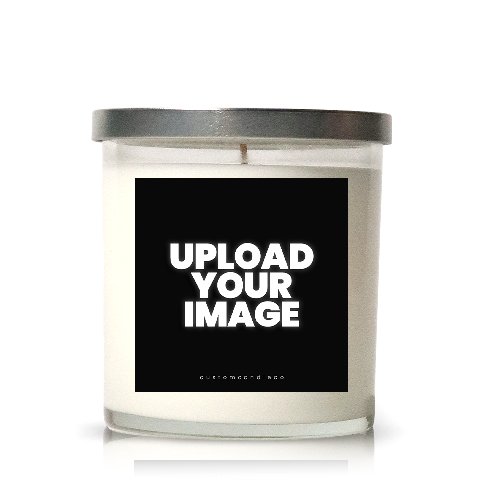 A white Customizable Photo Candle in a clear glass jar with a silver lid. The front label shows "UPLOAD YOUR IMAGE" in bold white text on a black background.