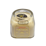 The Recycled Patron Reposado Tequila Candle is a beige soy candle in a repurposed Patron bottle, labeled "Reposado Patron" and "Tequila 100% de Agave"—a perfect recycled gift for tequila lovers.