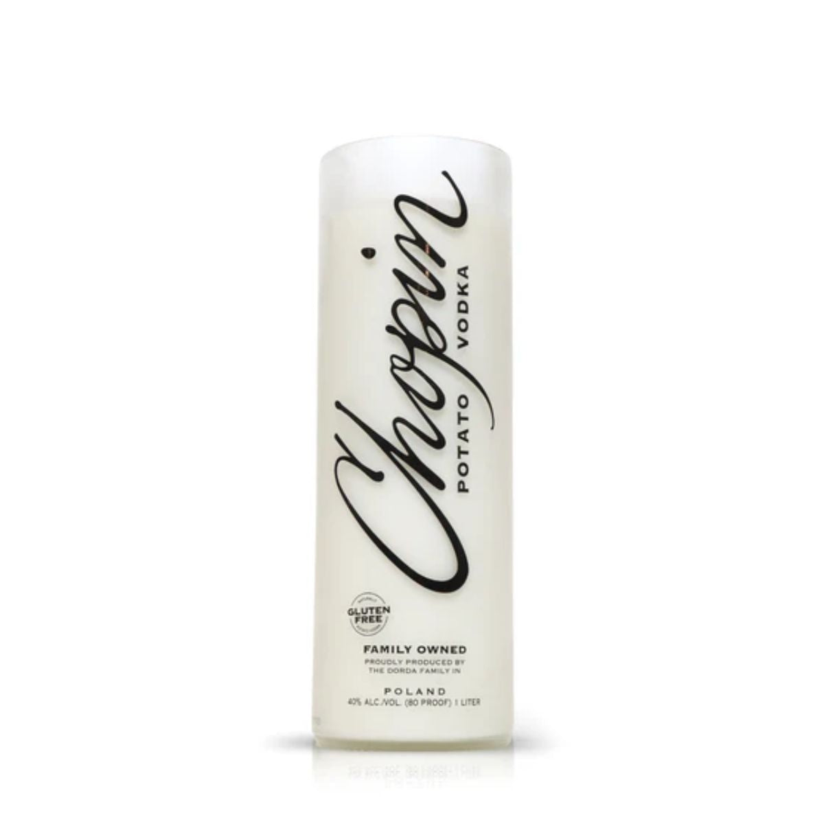 The Recycled Chopin Potato Vodka Candle features a bottle with a white label and black script, highlighting its Polish origin and gluten-free status—ideal for adding artisanal style to any space.