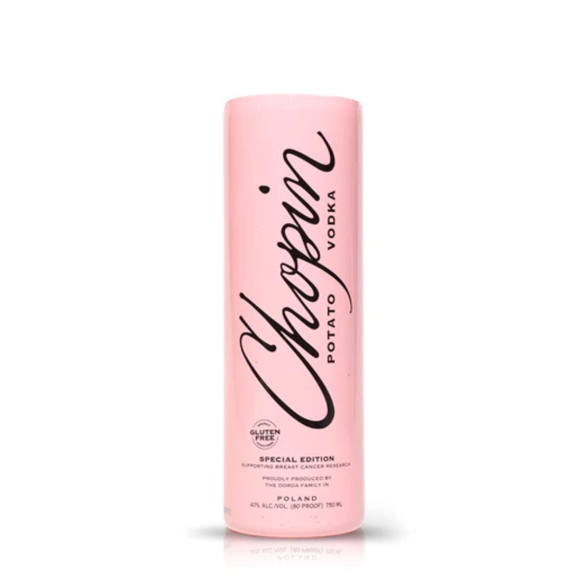 A 750ml tall pink Chopin Potato Vodka bottle, once 40% ABV and gluten-free special edition, now upcycled as an eco-friendly Recycled Chopin Potato Vodka Candle.