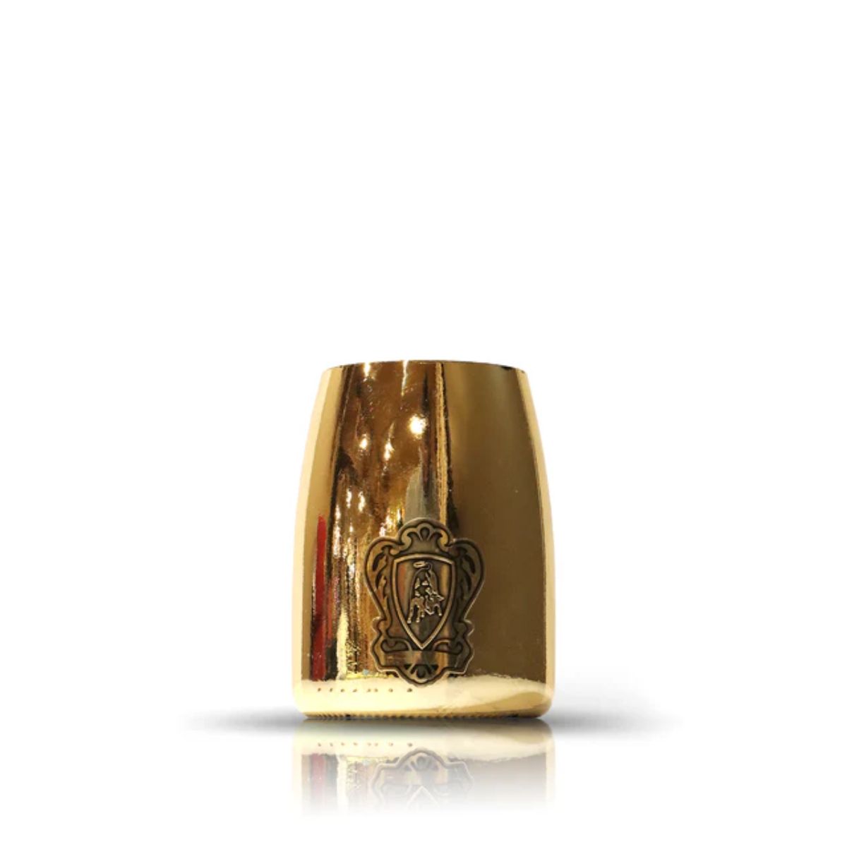 A shiny, gold-colored Thimble with an engraved emblem sits on a white background—perfect for pairing with the Recycled Lamborghini Champagne Candle to add elegance and eco-friendly style to your décor.