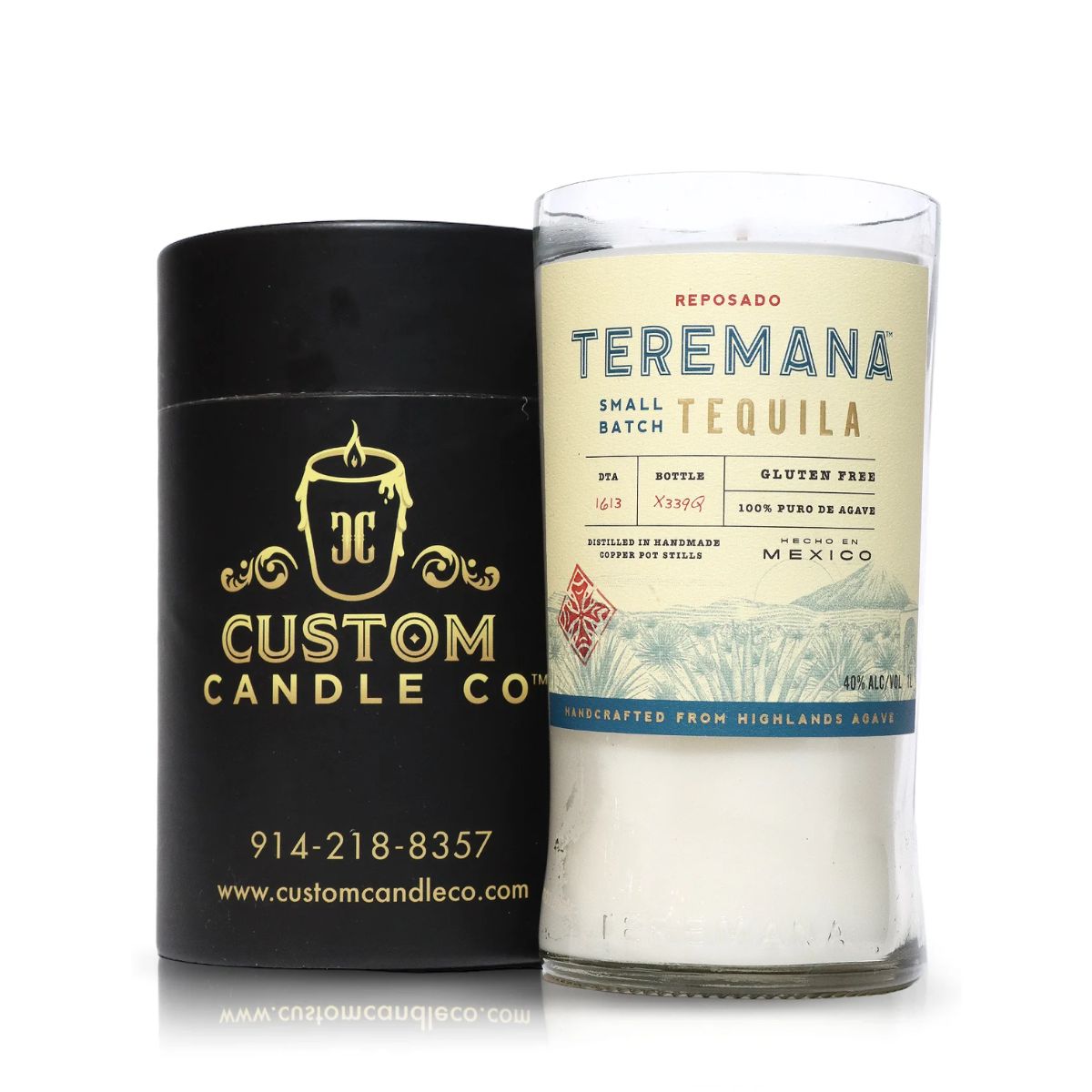 A Recycled Teremana Tequila Candle sits next to a black Custom Candle Co. container featuring contact details.