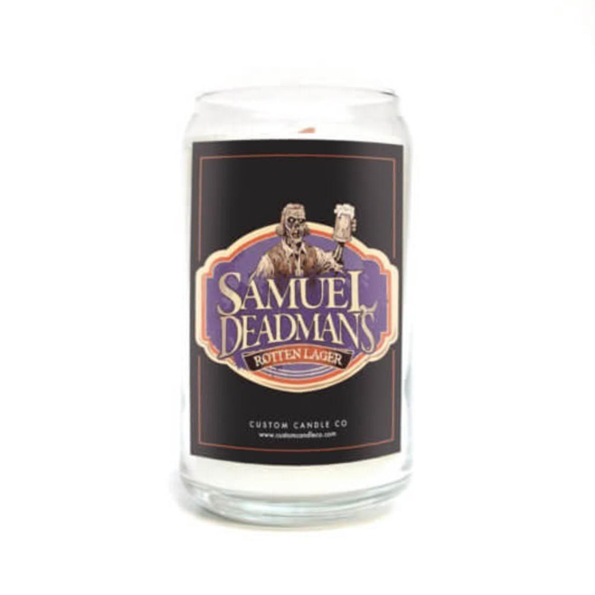 Add a spooky touch with the Samuel Deadman’s Rotten Lager Beer Can Candle—housed in a glass jar with a beer can-style label and featuring a skeleton holding a beer mug on the front.