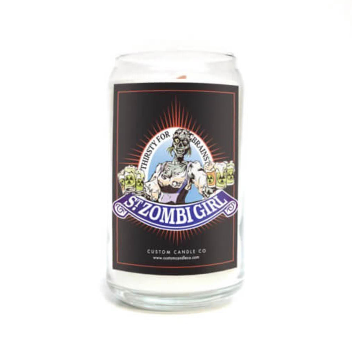 The St. Zombi Girl Beer Can Candle features an illustrated zombie and "Thirsty for Brains" text—perfect for spooky Halloween decor.