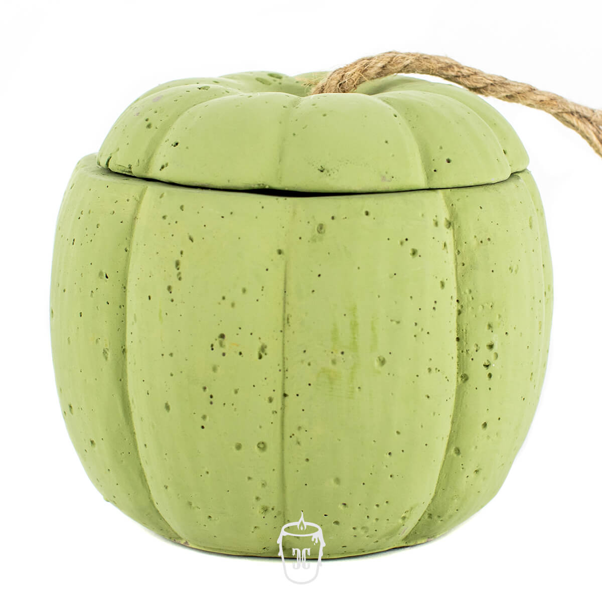The Green Cement Candle features a round, pumpkin-shaped design with a lid and thick rope handle, displayed against a white background.