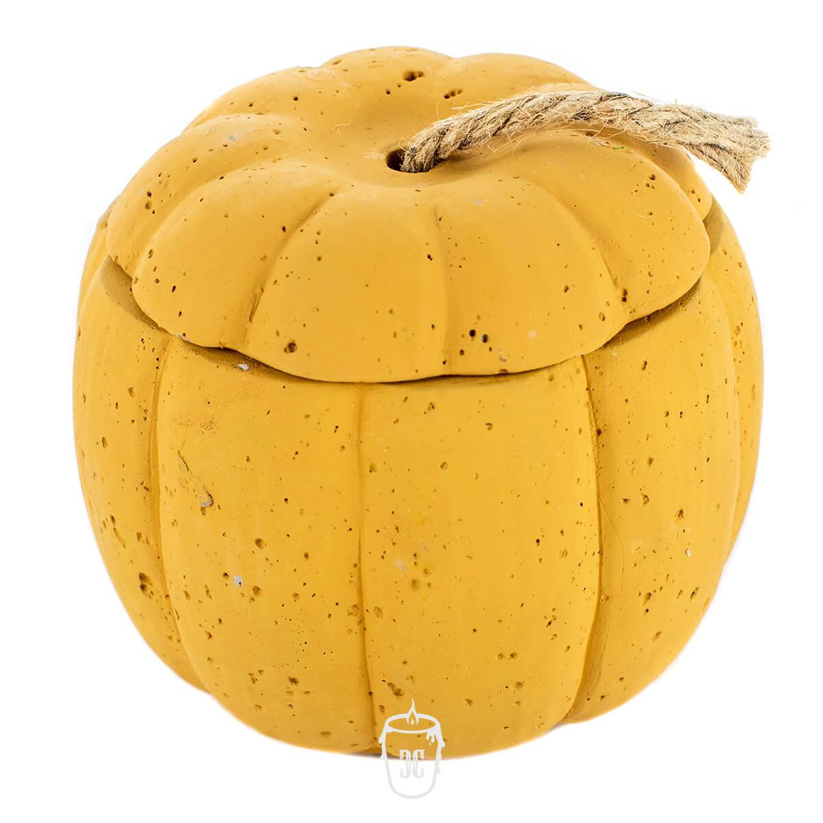 The Yellow Cement Candle features a pumpkin-shaped, yellow cement container with a removable lid and short rope handle—ideal for your custom candle needs.