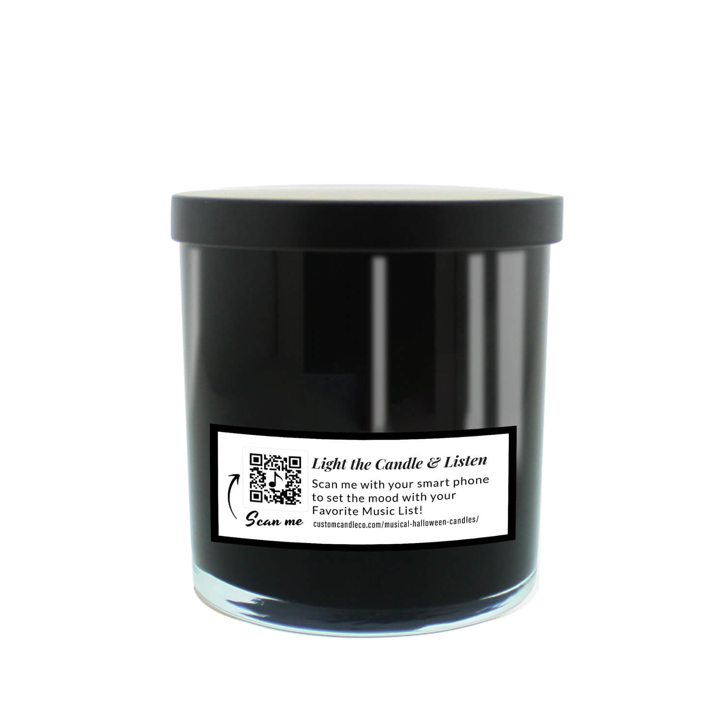 The Musical Halloween Candle – Candy Corn Black features a black glass jar, black lid, and white label with a QR code and scan-to-listen instructions—a perfect soy candle for creating a spooky Halloween ambiance.