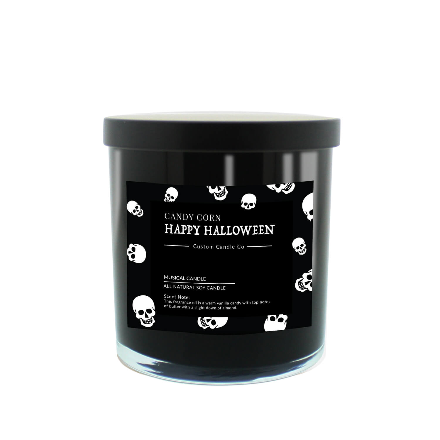 The Musical Halloween Candle – Candy Corn Black is a soy candle in a black jar with a black lid, featuring a label with white skulls and "Candy Corn Happy Halloween Custom Candle Co." text, set against a white background.
