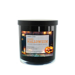 The Musical Halloween Candle – Candy Corn comes in a black jar with a "Happy Halloween" label featuring lit jack-o’-lanterns. Made from all-natural soy, it’s scented with candy corn for a festive touch to your décor.