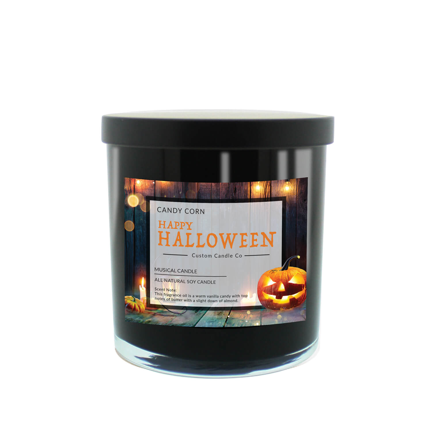 The Musical Halloween Candle – Candy Corn comes in a black jar with a "Happy Halloween" label featuring lit jack-o’-lanterns. Made from all-natural soy, it’s scented with candy corn for a festive touch to your décor.