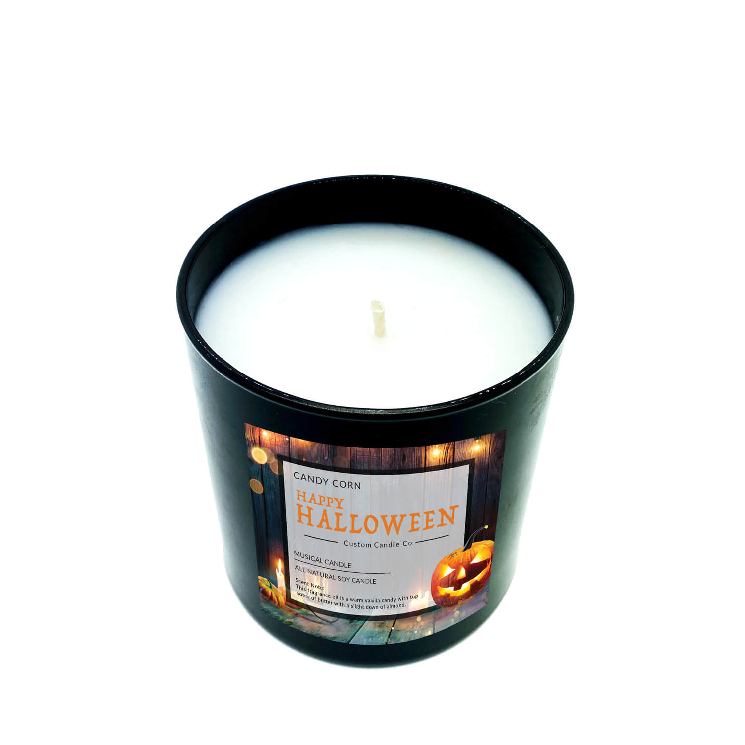 The Musical Halloween Candle – Candy Corn features a black jar with a white soy scented candle labeled "Happy Halloween," adorned with pumpkins, string lights, and playful candy corn accents for festive flair.