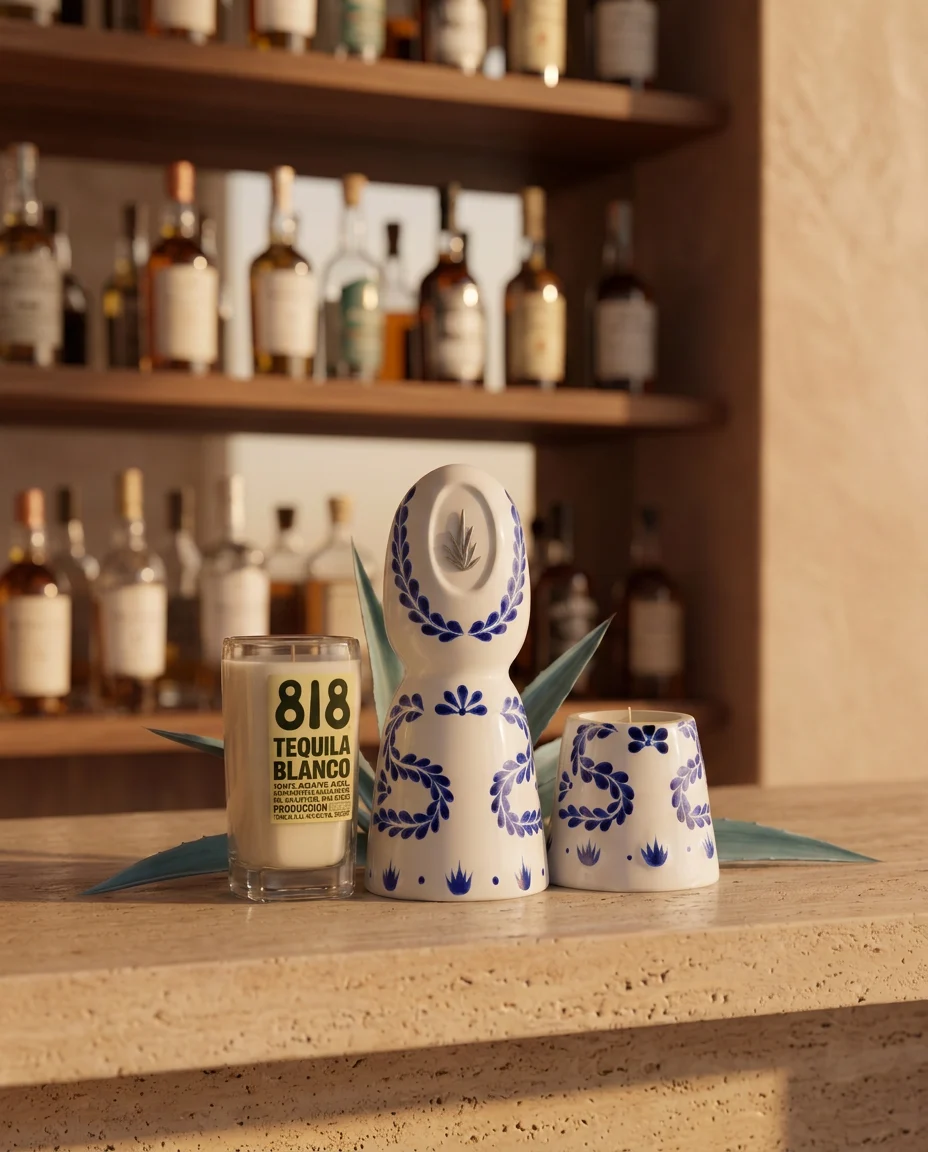 818 and Avión tequila bottle candles beside a blue-and-white ceramic bottle candle on a dark cocktail bar