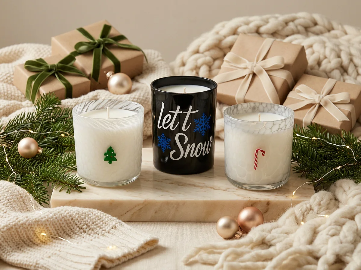 Christmas candle display with a red snowman jar, green tree candle, musical candle and white tumbler beside evergreen branches