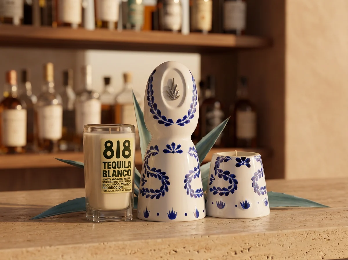 818 and Avión tequila bottle candles beside a blue-and-white ceramic bottle candle on a dark cocktail bar