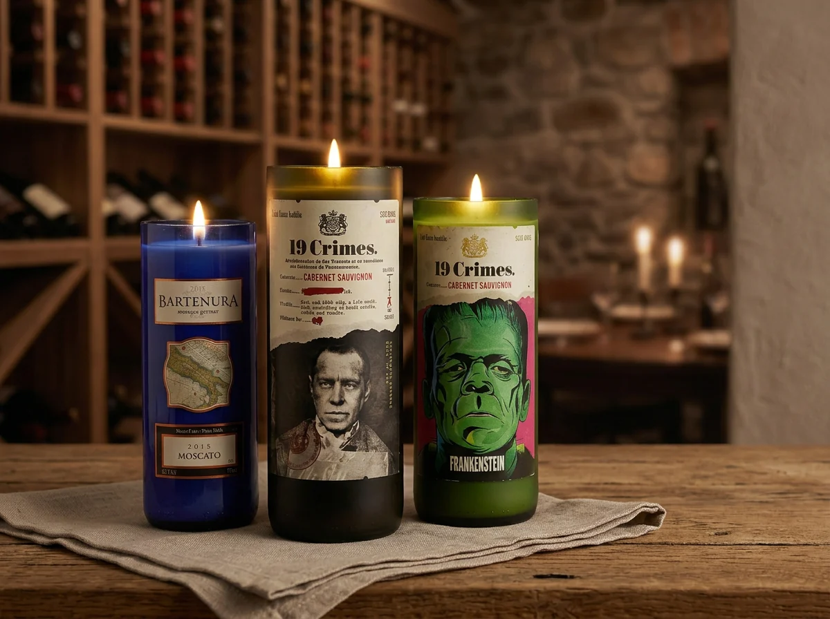 Wine bottle candles with graphic labels arranged beside yellow roses and a wine glass on a warm wooden table