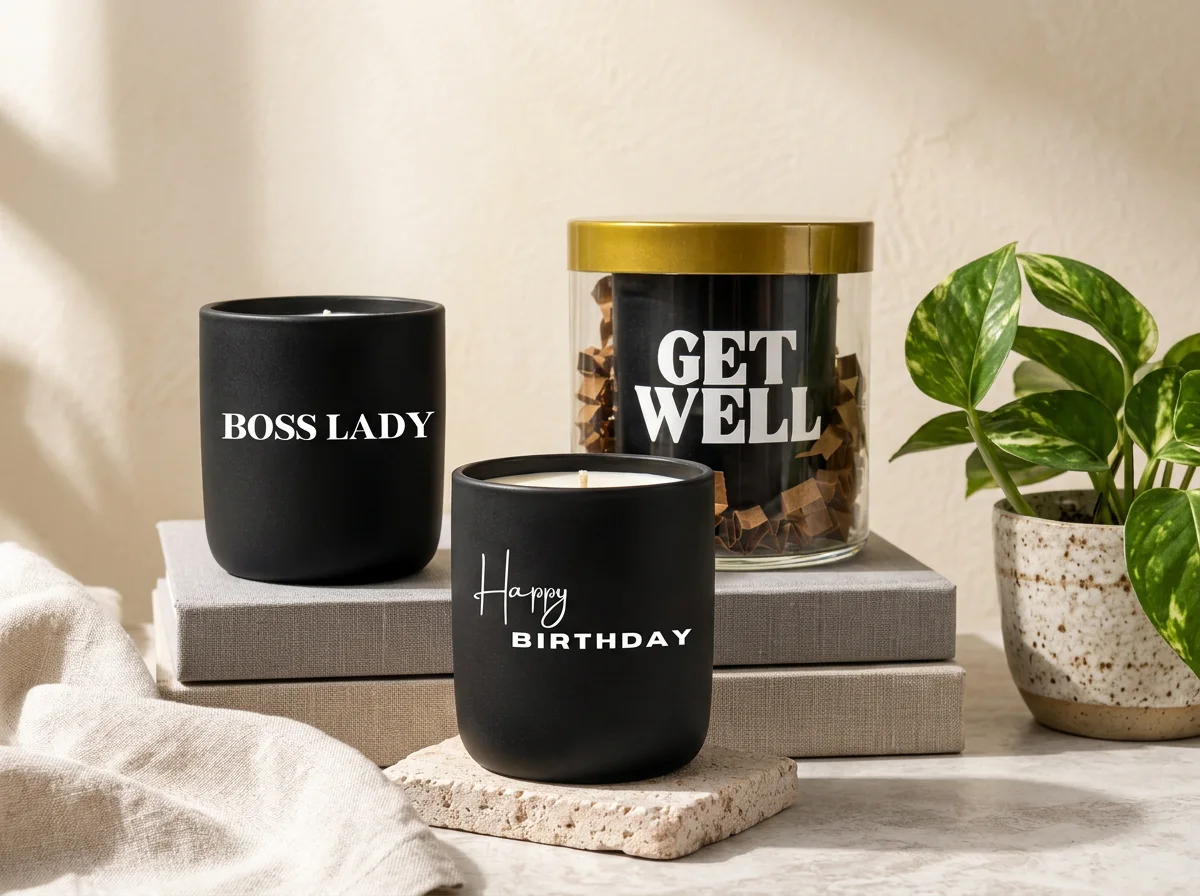 Black and white message candles reading uplifting phrases beside books and a leafy plant