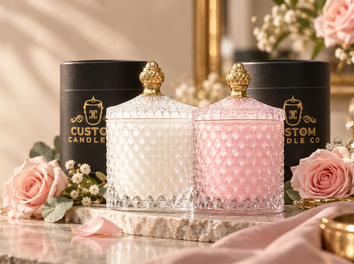 Pink and white crystal-cut candles with gold lids and black gift boxes styled with pale flowers