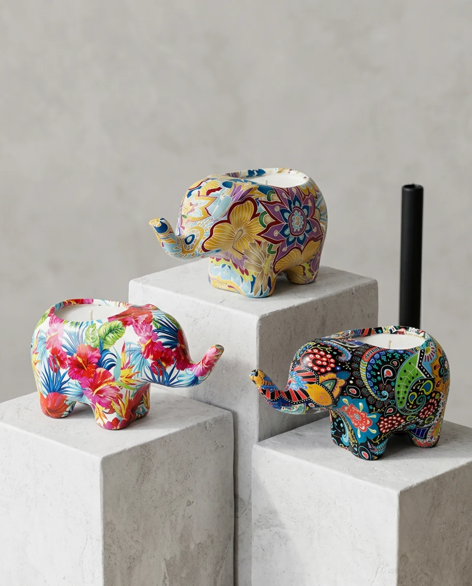 Colorful patterned ceramic animal candles arranged on pale stone with flowers, soft linens and framed art