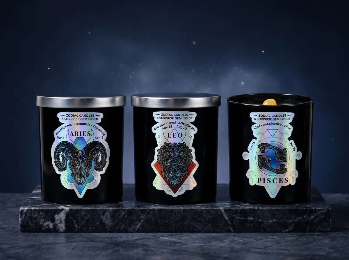 Black zodiac candle with a glowing blue Aries ram design beneath a crescent moon and starry sky