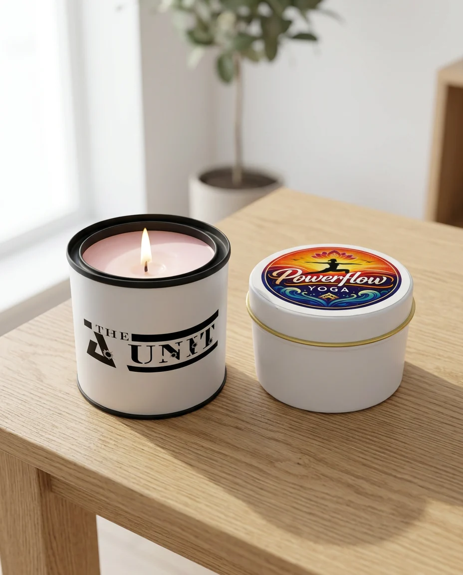 Two branded promotional candles in a white enamel cup and round metal tin beside a framed landscape