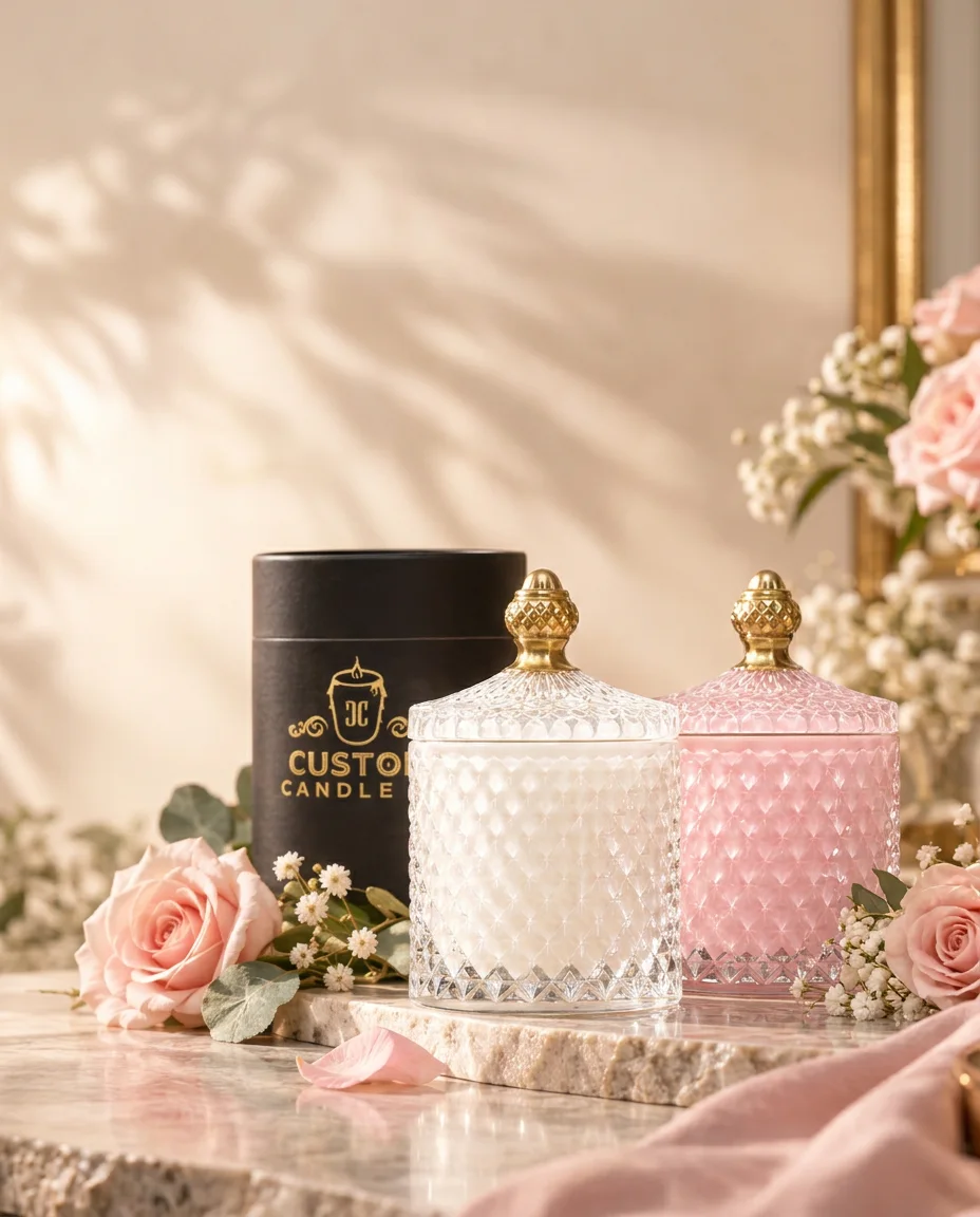 Pink and white crystal-cut candles with gold lids and black gift boxes styled with pale flowers