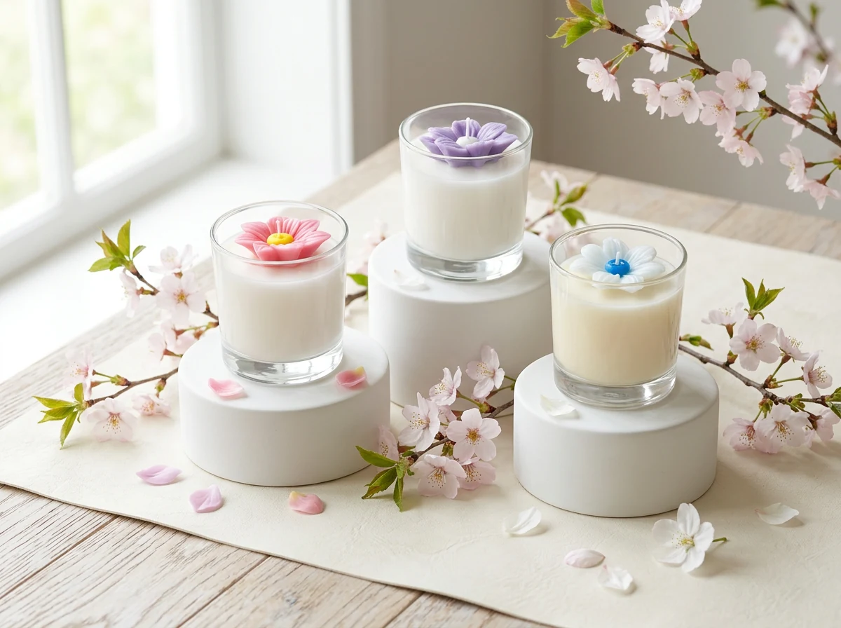 Pastel flower-topped candles in clear glass vessels arranged with blossoms and soft spring greenery