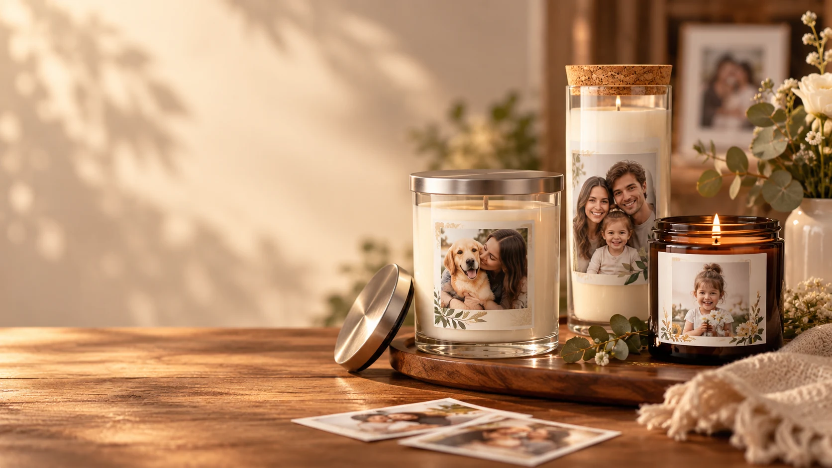 Three lit custom candles personalized with family and pet photos