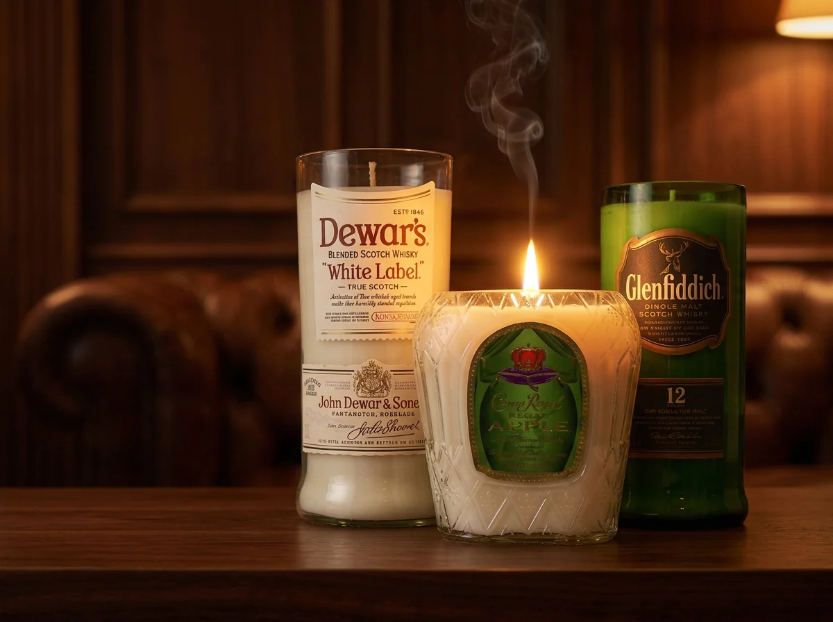 Four whiskey bottle candles glowing on a dark marble bar beside a tumbler and leather-bound book