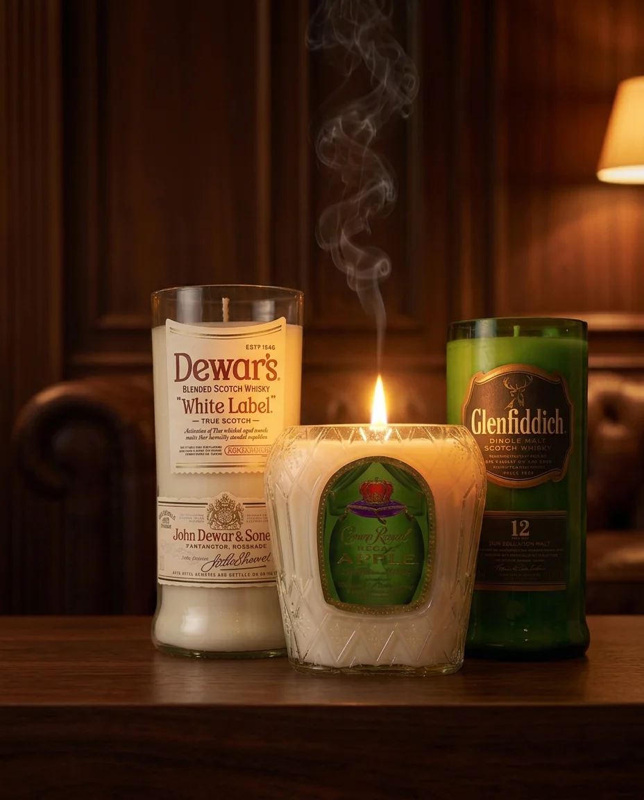 Four whiskey bottle candles glowing on a dark marble bar beside a tumbler and leather-bound book