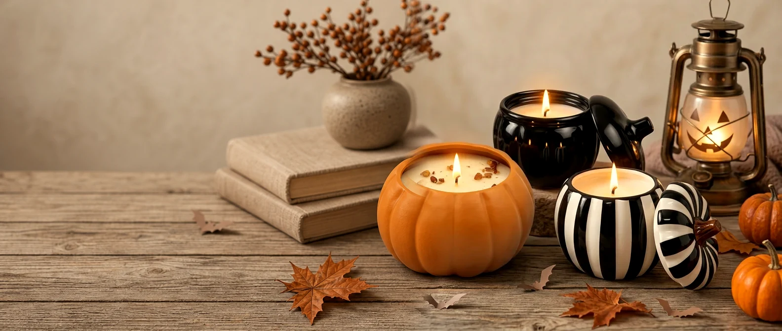 Halloween candles styled with pumpkins in warm autumn candlelight