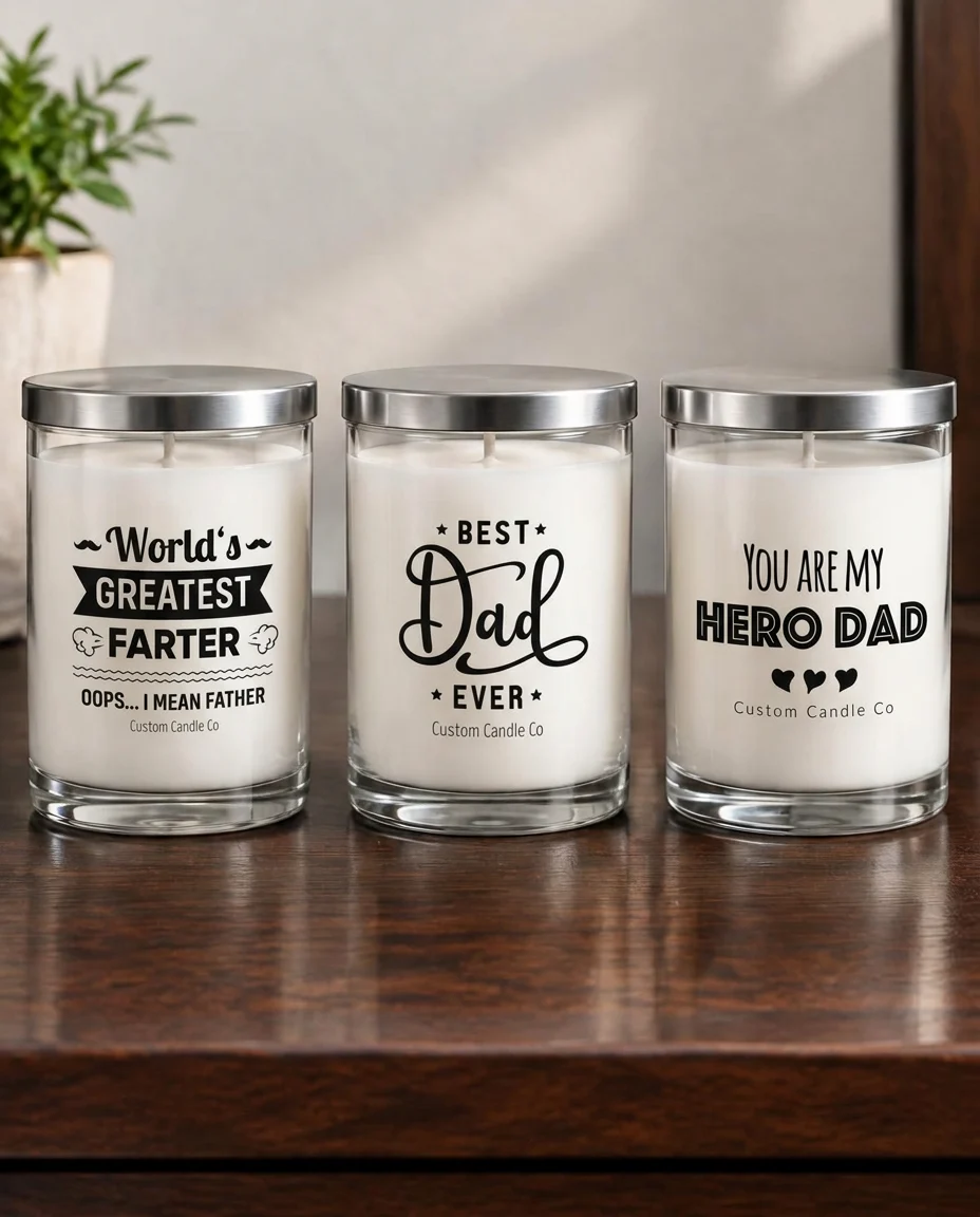 Father's Day message candles in clear and white jars arranged with a mug, books and a framed photograph