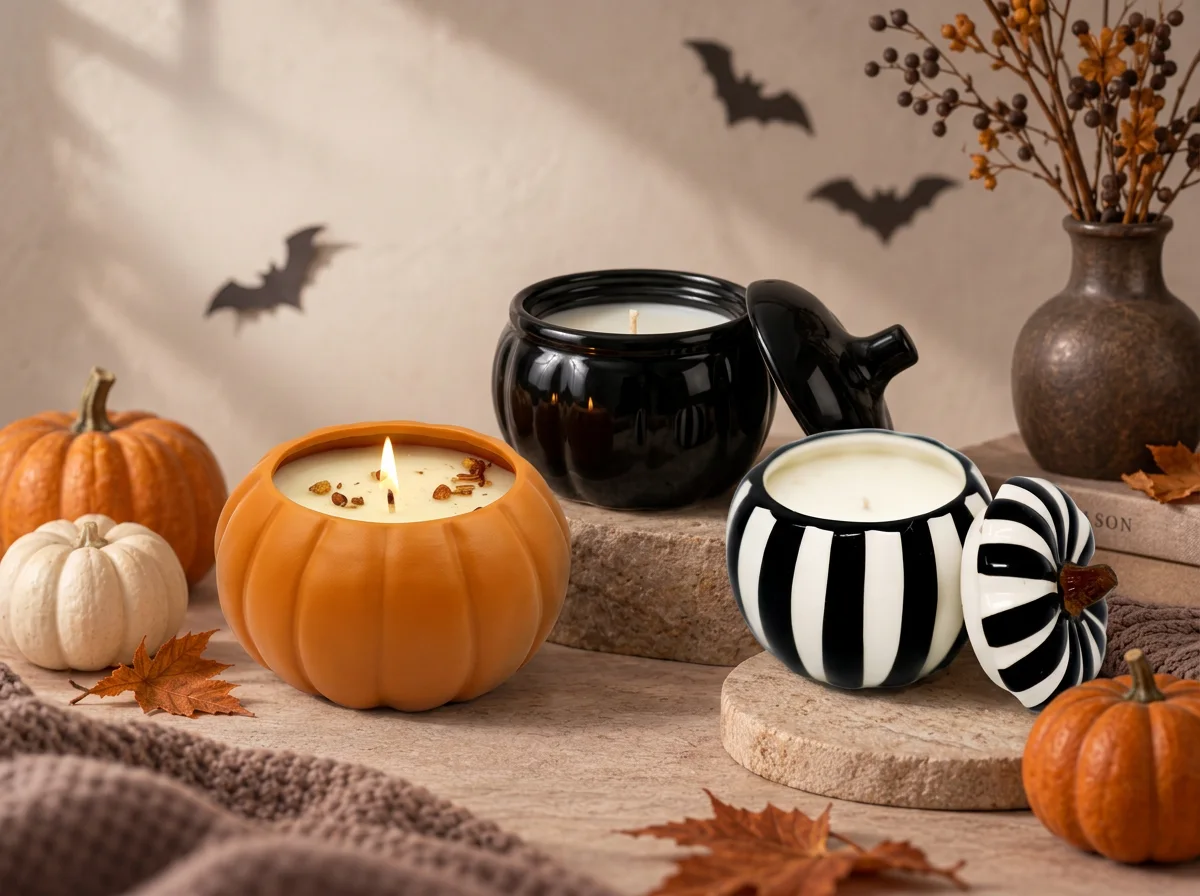 Halloween candle scene with ghost, jack-o-lantern and textured glass jars surrounded by pumpkins, bats and autumn leaves