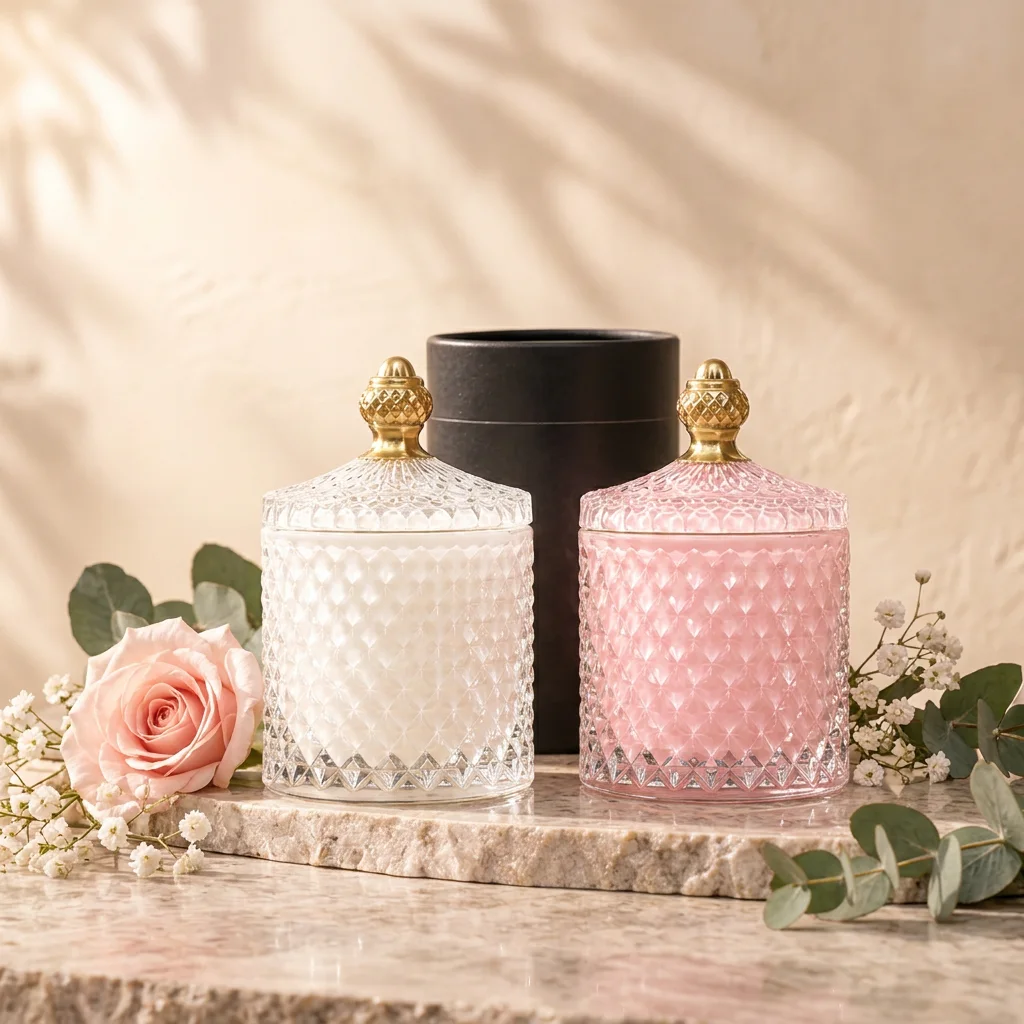 Pink and white crystal-cut candles with gold lids and black gift boxes styled with pale flowers