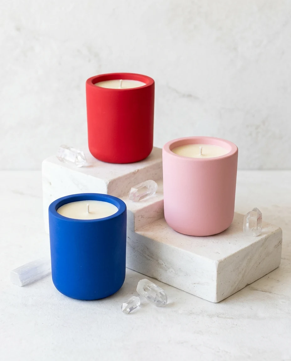 Blue, blush and red intention candles in simple vessels on pale stone beside a framed photograph