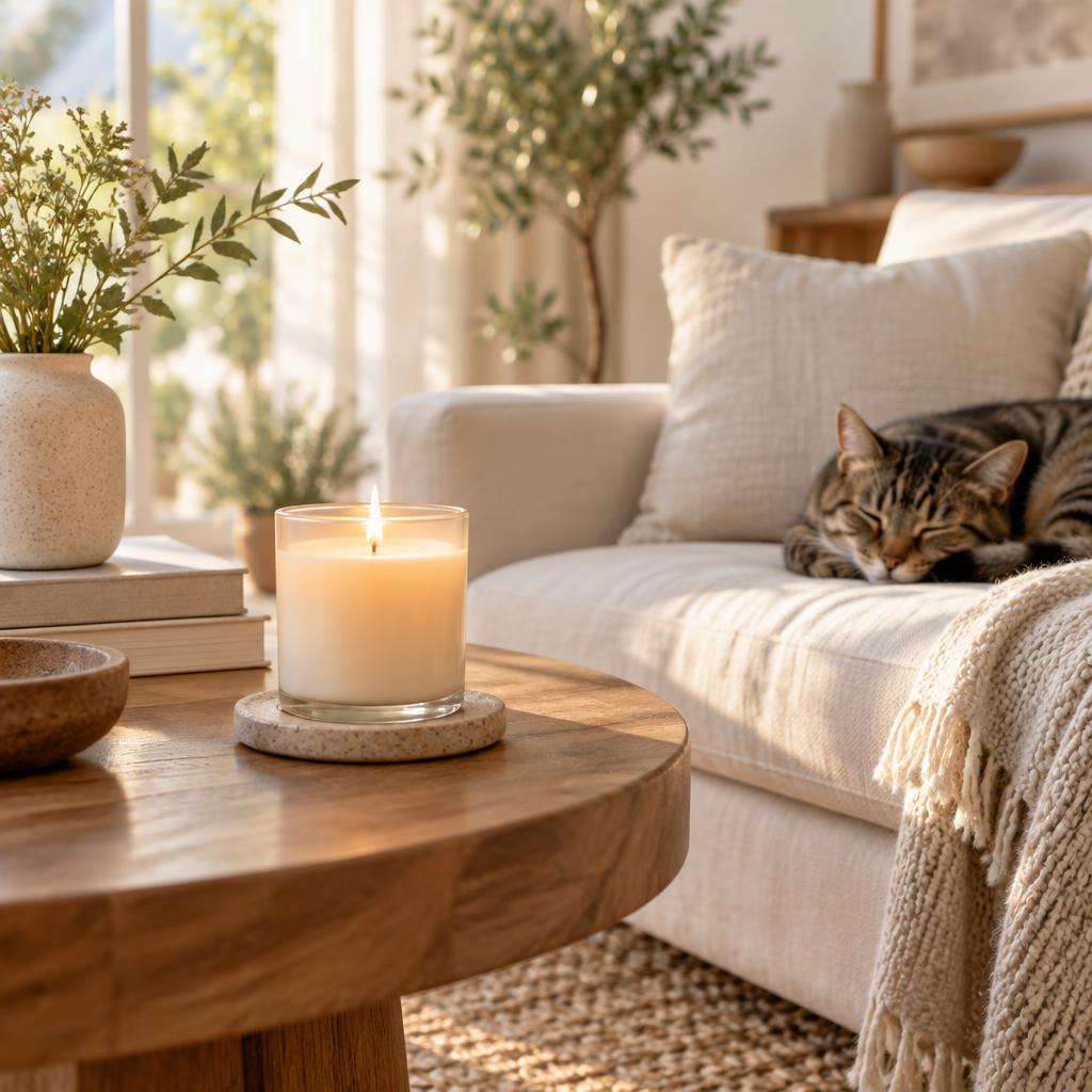 Lit soy candle on a wooden coffee table near a sleeping tabby cat in a sunlit room