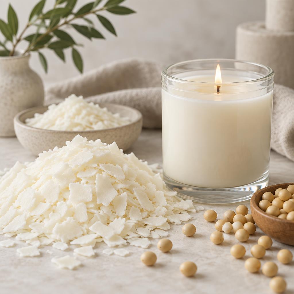 Lit soy candle surrounded by white soy wax flakes and dried soybeans on a pale stone surface