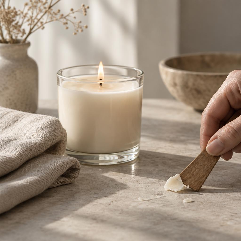 Lit soy candle in a glass jar on a stone surface with a wooden scraper and folded linen cloth