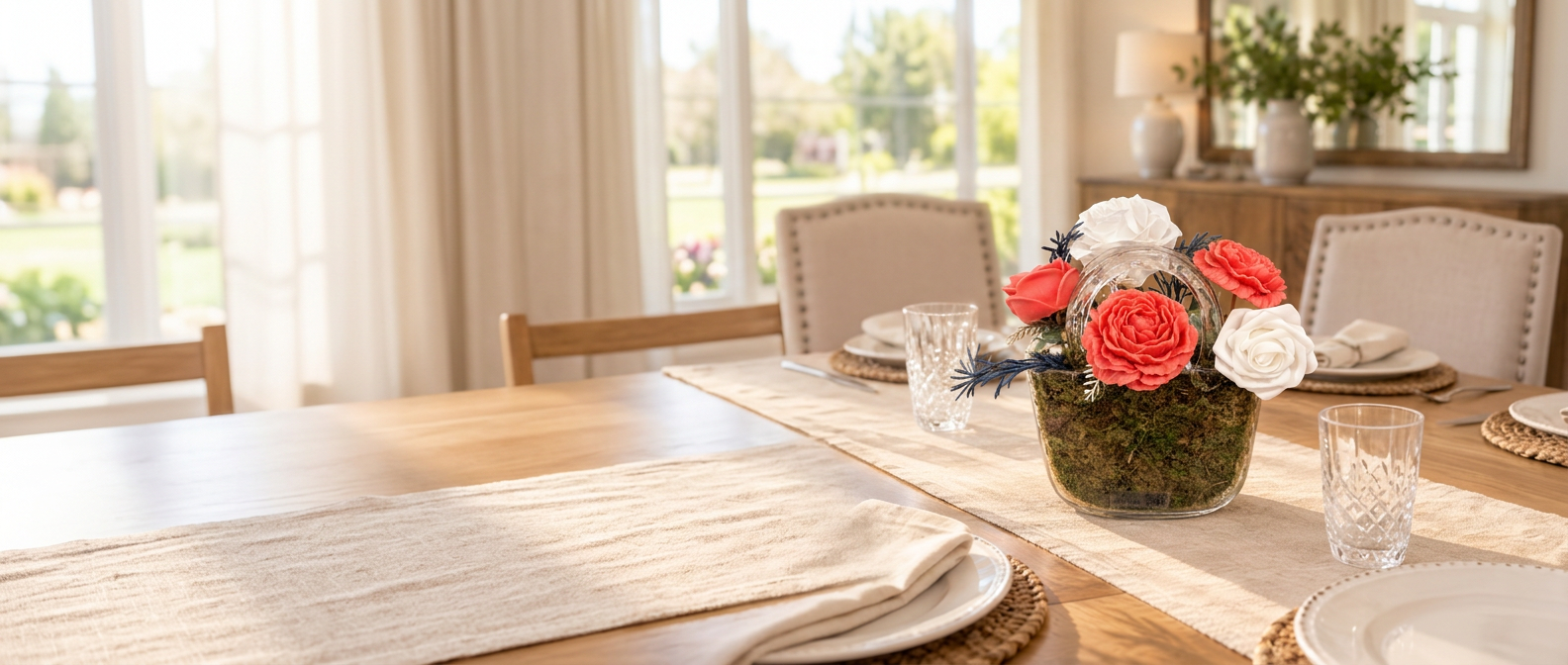Glass handbag arrangement with coral and white wax roses over moss on a sunlit dining table