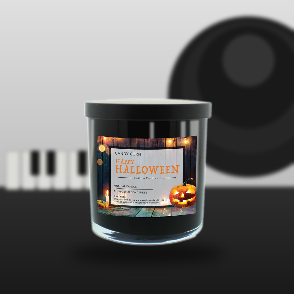 Music-themed candles in glass and ceramic vessels arranged beside record-inspired details and warm ambient lights