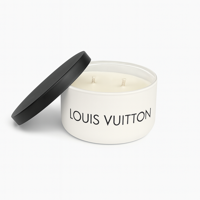The Luxury White Two-Wick Candle – Inspired by Iconic Designer Style is presented in a round container with a black lid placed beside it.