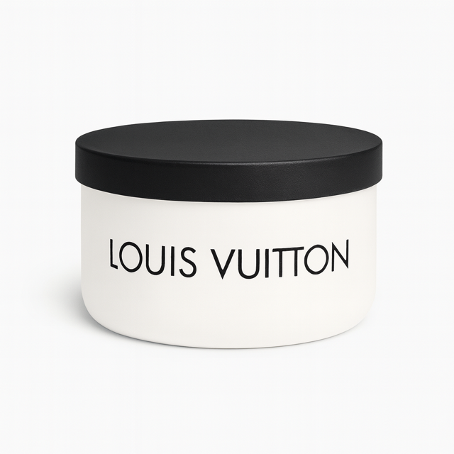 A white round container with a black lid holds the Luxury White Two-Wick Candle – Inspired by Iconic Designer Style, featuring "Louis Vuitton" in bold black letters on the front and made with premium soy wax.