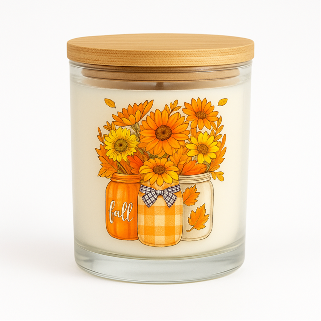 The Fall Harvest Candle Collection features a glass jar with a wooden lid and an illustration of three mason jars filled with orange and yellow flowers, autumn leaves, and "fall" on one jar—hand-poured to capture the essence of fall.